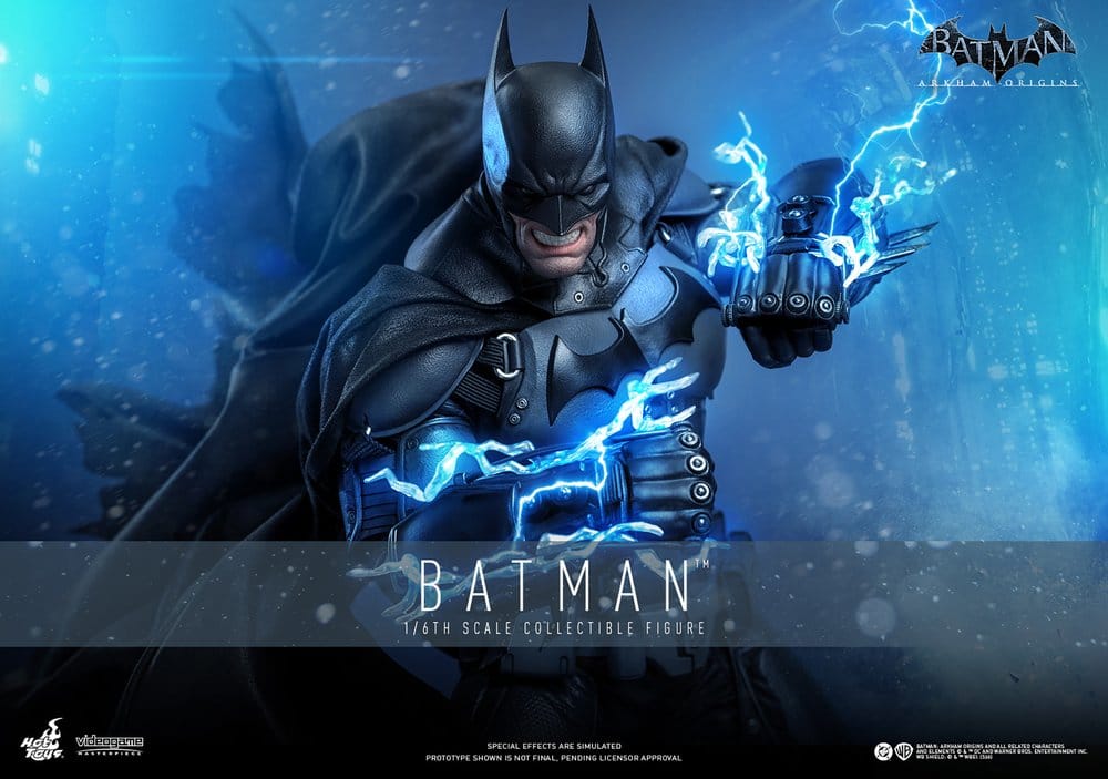 Hot Toys Arkham Origins Batman sixth-scale figure promo banner with blue lightning Shock Gloves