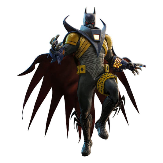 Hot Toys 1/6 Knightfall Batman figure from Batman: Arkham Origins with gold armour and clawed hands, front view
