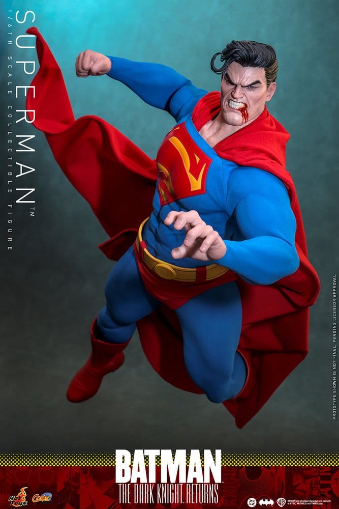 Hot Toys Superman 1/6 figure with battle-damaged head, flying forward with cape billowing