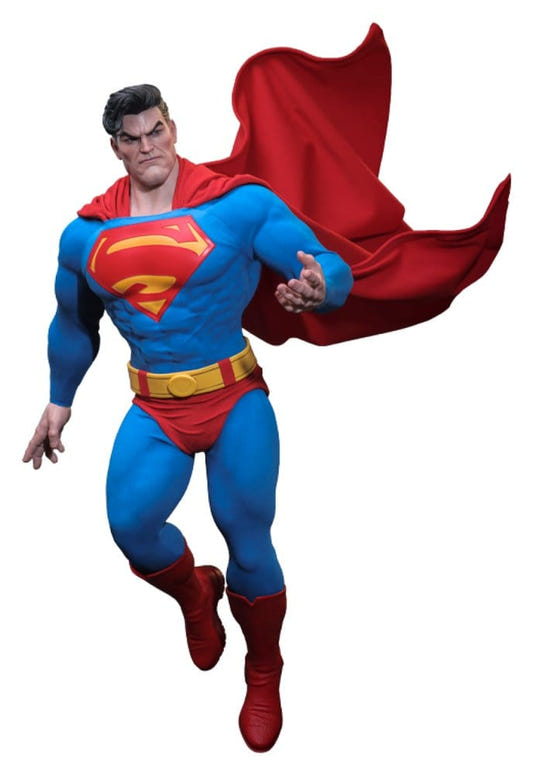 Hot Toys The Dark Knight Returns Superman 1/6 figure in flight with red cape, full-length