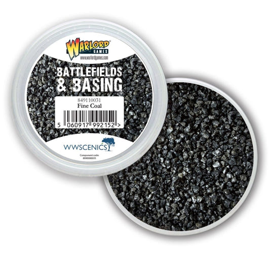 Warlord Games Battlefields & Basing Fine Coal tub, open lid showing dark crushed coal basing grit