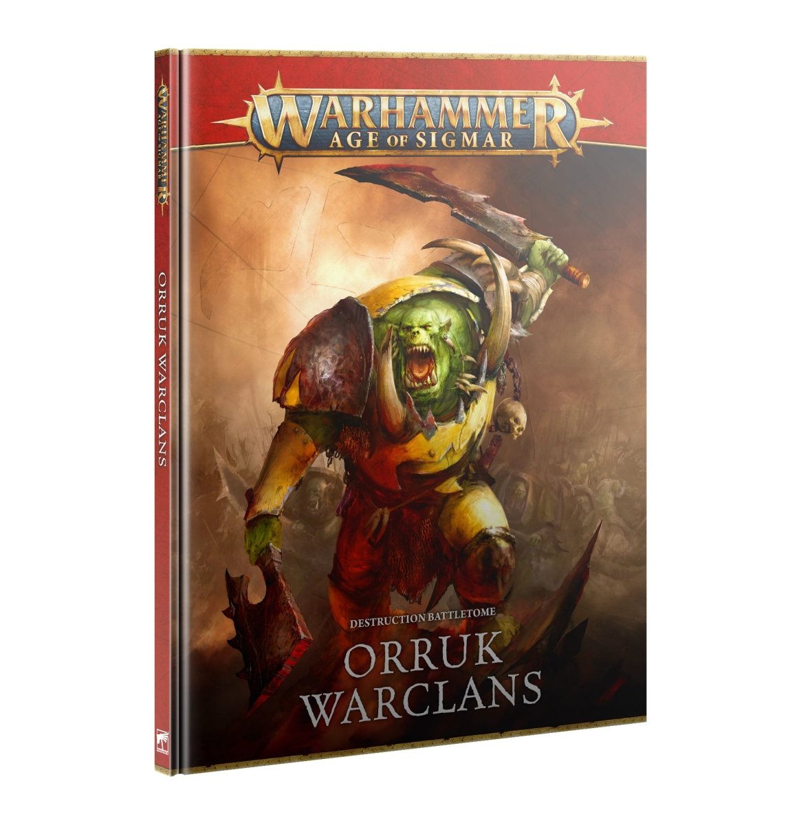 Games Workshop Warhammer Age of Sigmar Battletome: Orruk Warclans hardback cover with an Orruk warrior