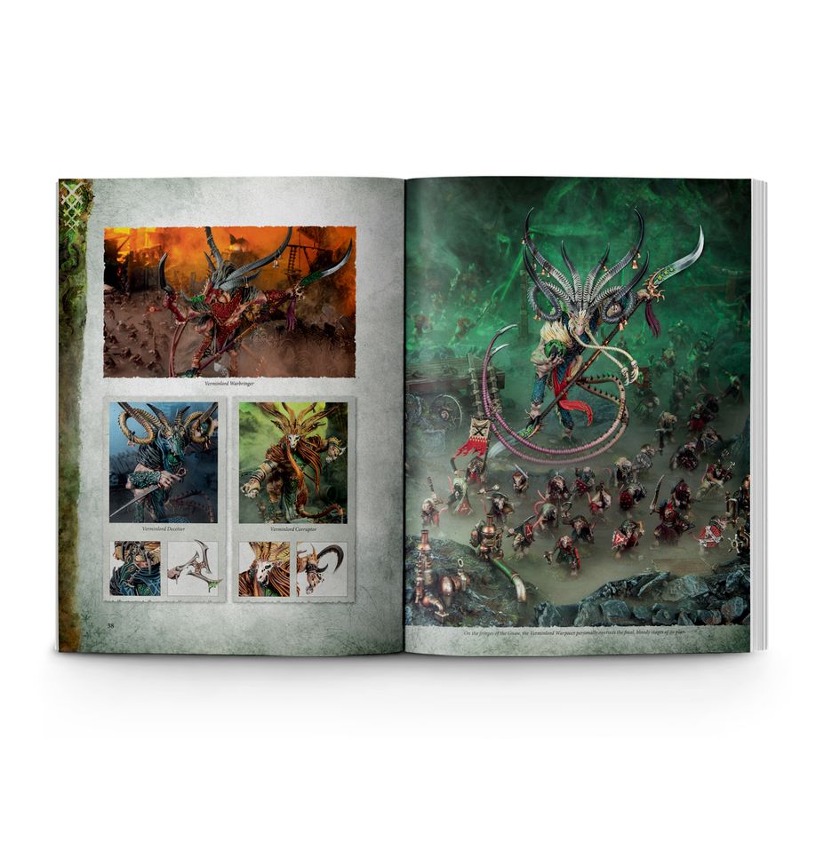 Battletome: Skaven open at a spread of painted Skaven miniatures and art