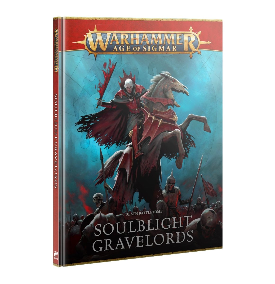 Battletome: Soulblight Gravelords front cover showing a vampire lord on a rearing undead horse, Games Workshop
