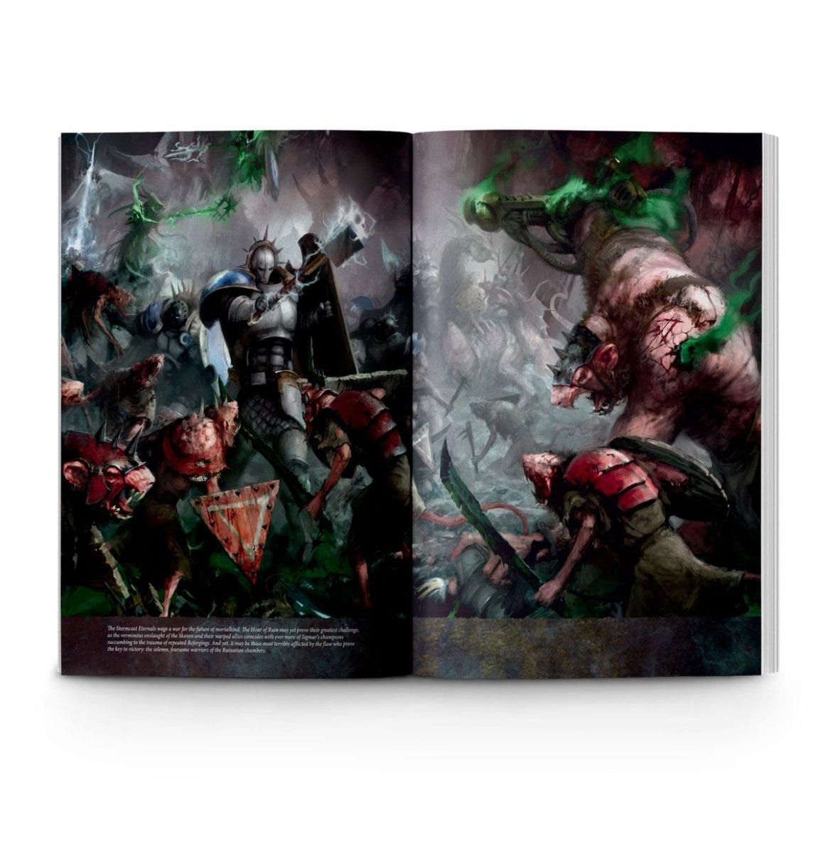 Battletome Stormcast Eternals interior artwork spread of Stormcast warriors in battle