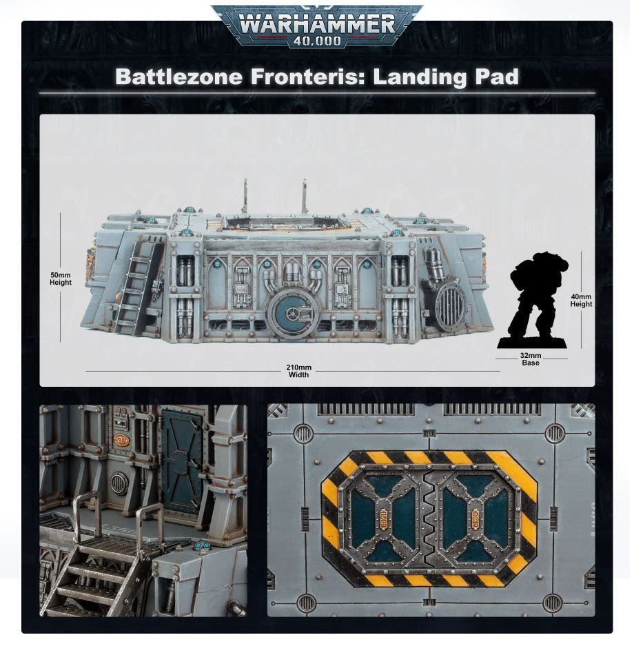 Battlezone Fronteris Landing Pad dimensions next to a Space Marine, plus detail close-ups