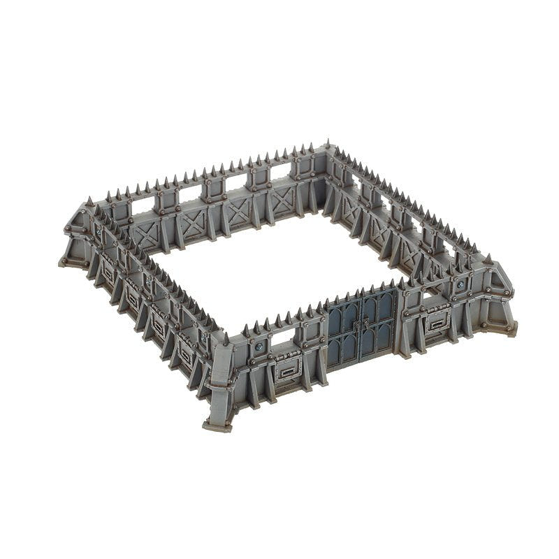 Painted Battlezone Fronteris stockade walls assembled into a square spiked enclosure