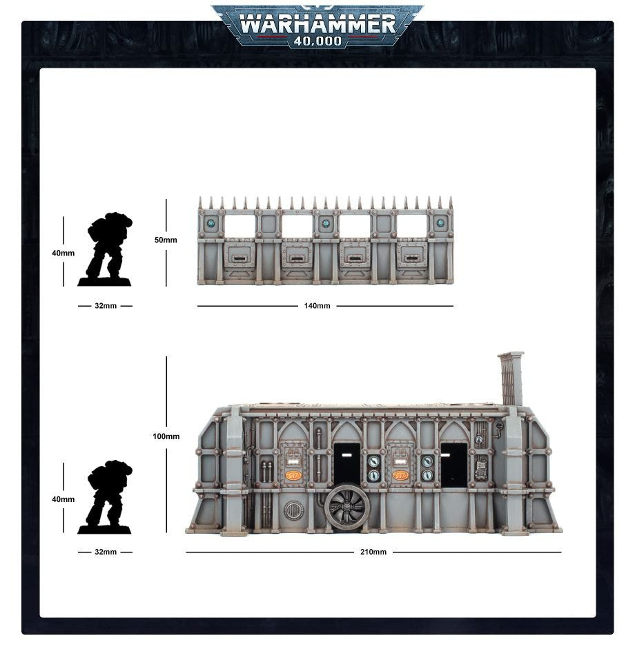 STC Hab-Bunker and stockade size guide in millimetres, compared with a Space Marine silhouette