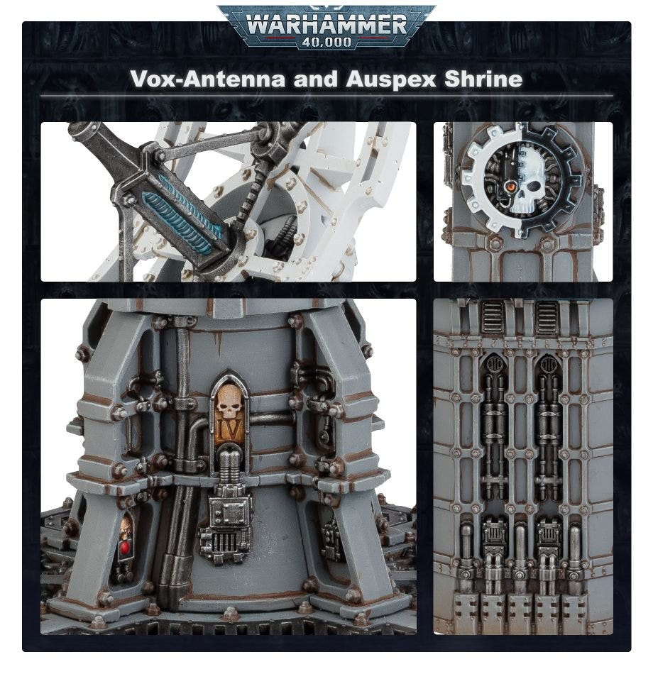 Vox-Antenna and Auspex Shrine detail panel: sensor dish, cog emblem and gothic tower windows
