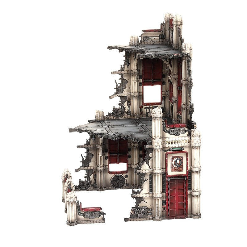 Rear view of the ruined Sanctum Administratus showing its exposed floors and broken walls