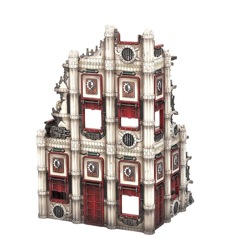 Front view of the Sanctum Administratus facade with red doors, windows and cog emblems