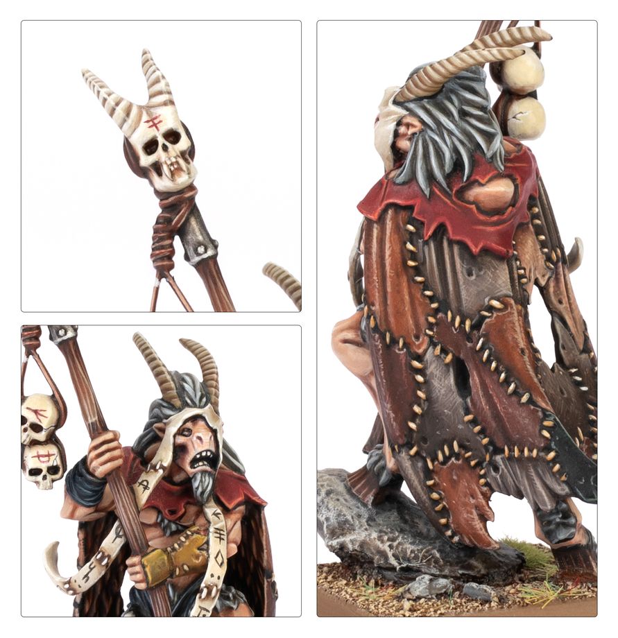 Close-ups of the painted Beastmen Shaman: skull staff, face and patchwork cloak