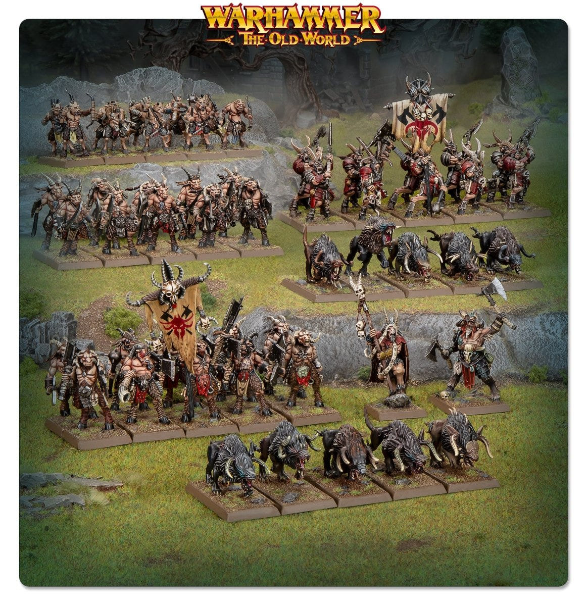 Painted Beastmen Brayherds Battle March Army arrayed on a grassy Old World battlefield