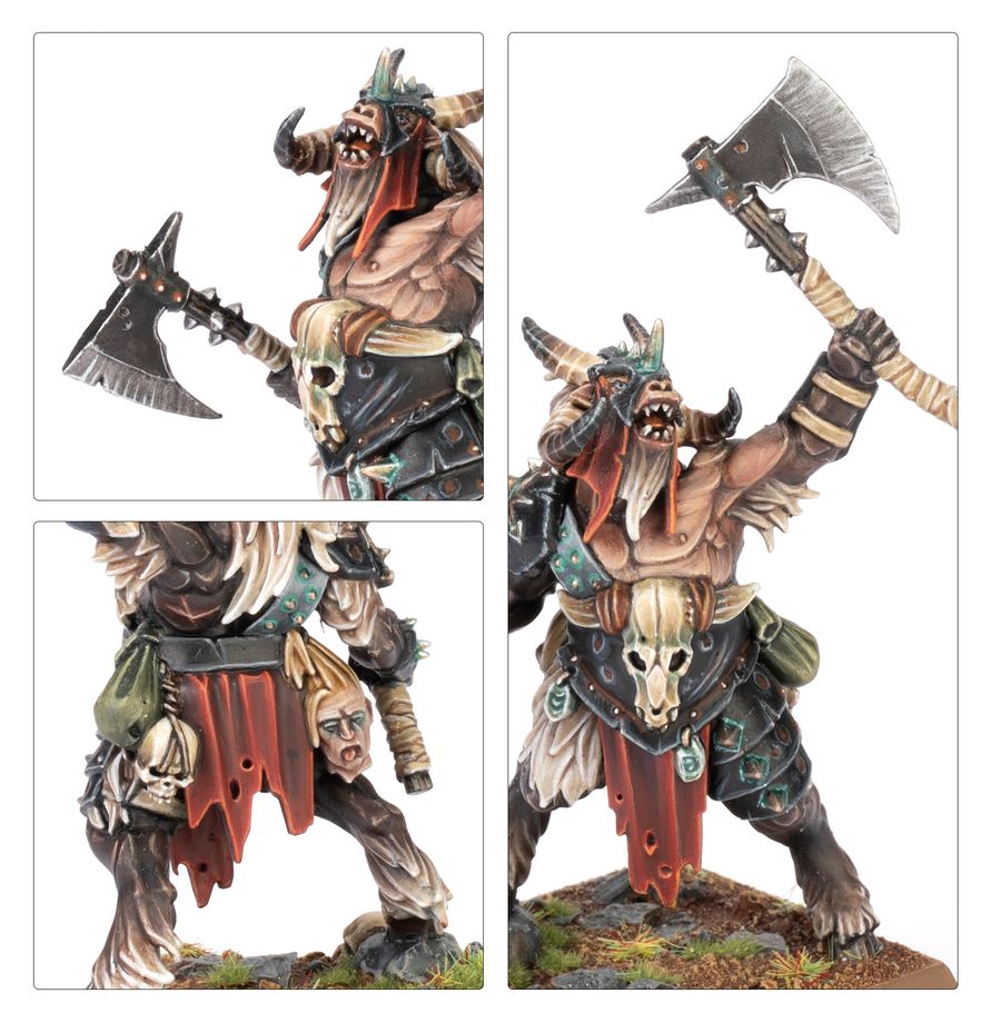 Close-ups of the painted Beastman Chieftain: axes, skull belt and loincloth