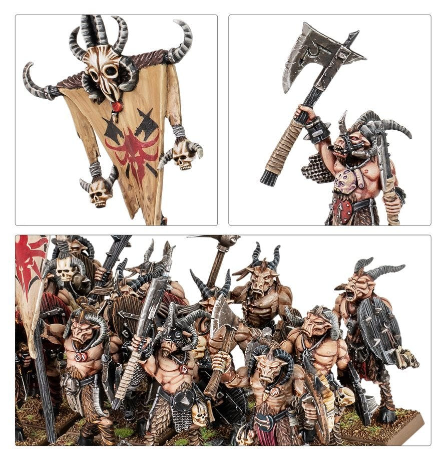 Close-ups of the painted Bestigor banner, a great-axe Bestigor and the massed regiment