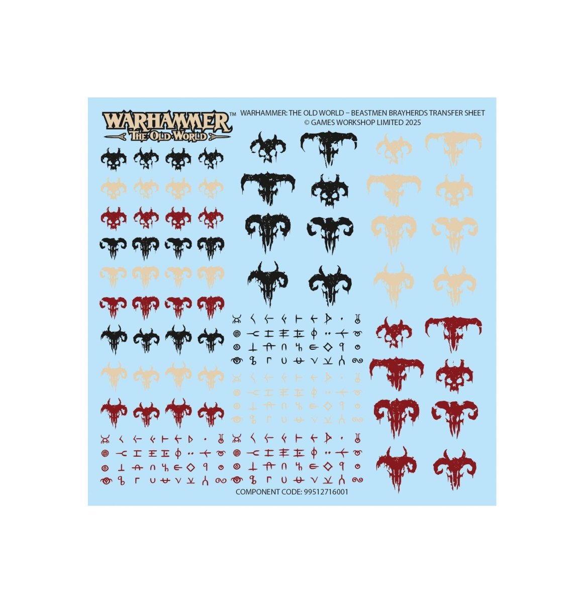 Beastmen Brayherds transfer sheet with horned skull icons and runes