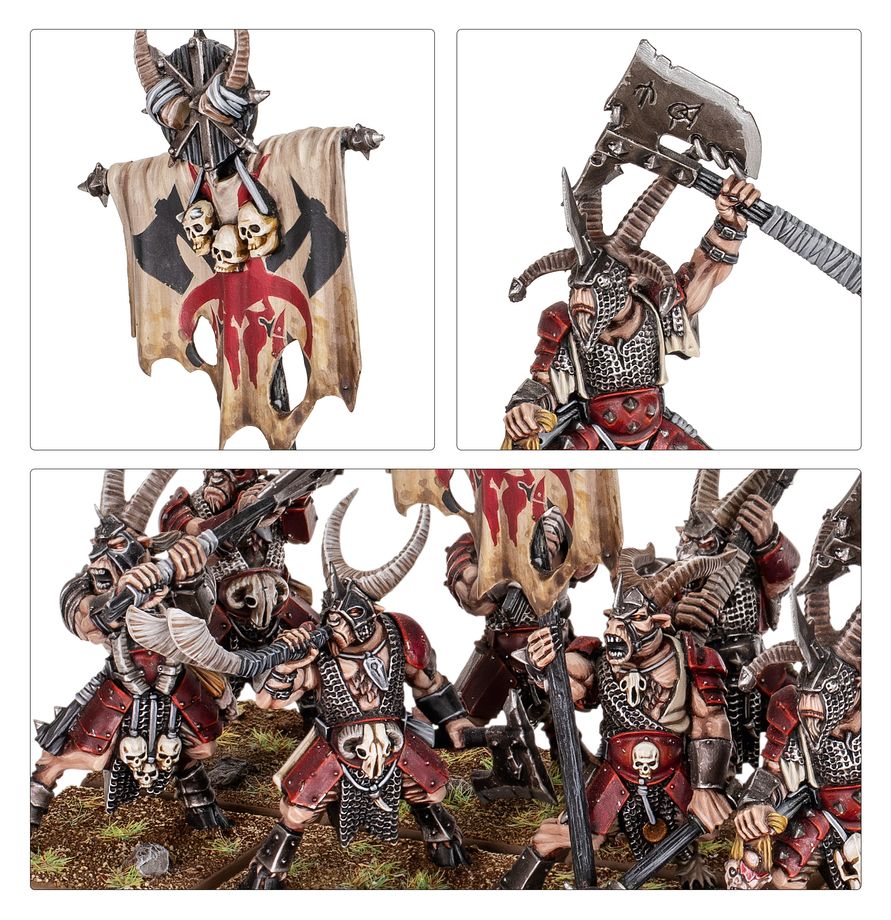 Close-ups of the painted Gor banner, an axe-wielding Gor and the Gor regiment