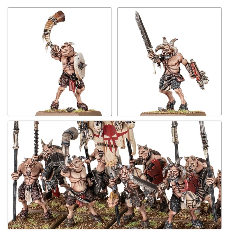 Close-ups of painted Ungors with horn and blade, and the Ungor regiment massed together