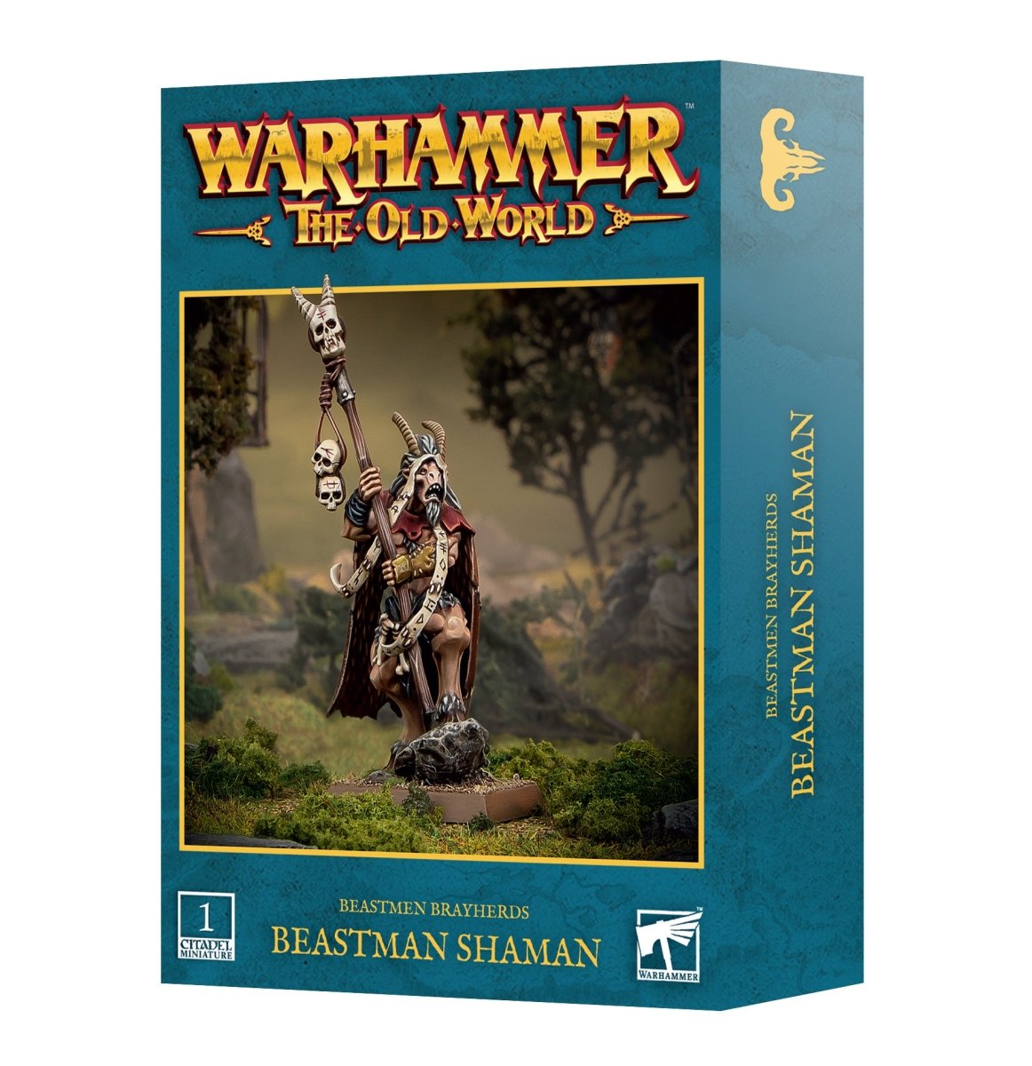 Games Workshop Warhammer: The Old World Beastman Shaman box showing the painted model