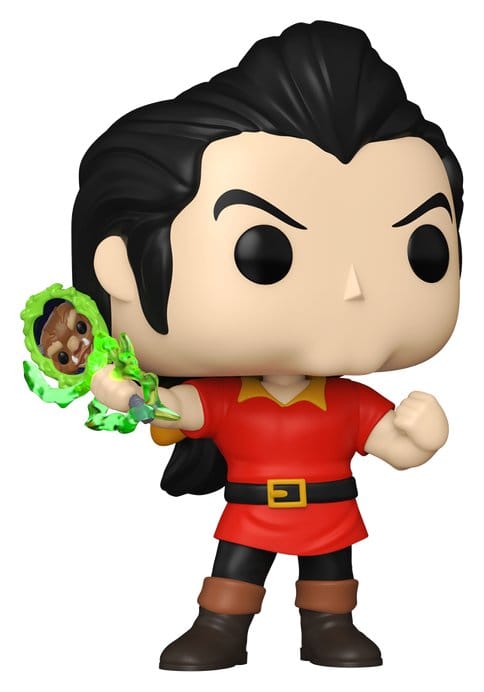 Funko Pop! Disney Gaston in his red tunic holding the green magic mirror, Beauty and the Beast