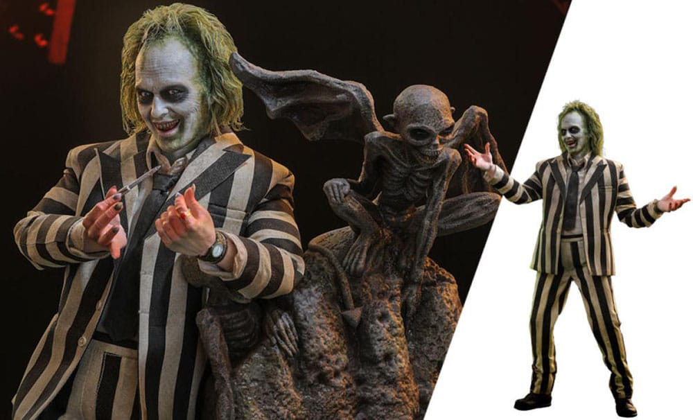 Hot Toys Beetlejuice figure beside its tombstone diorama base with gargoyle and skeleton details