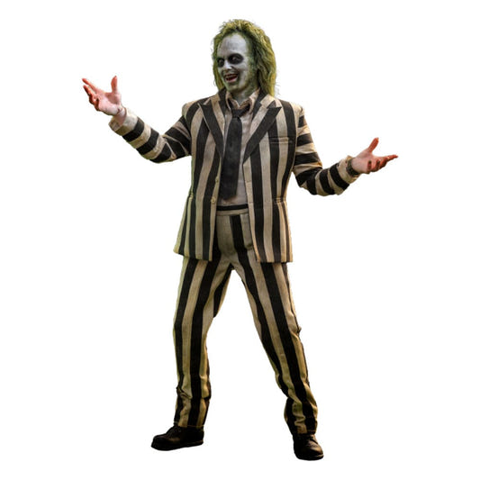 Hot Toys 1/6 Beetlejuice figure from Beetlejuice Beetlejuice in black and white striped suit, front view