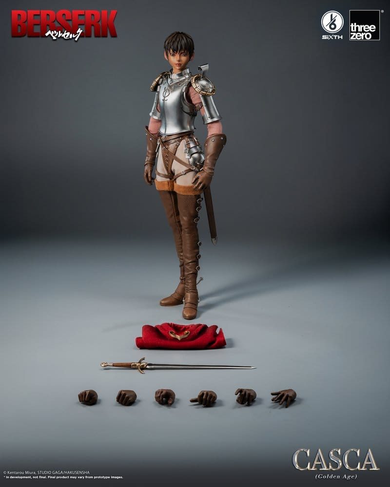 threezero 1/6 Berserk Casca figure shown with red cloak, die-cast sword and interchangeable hands