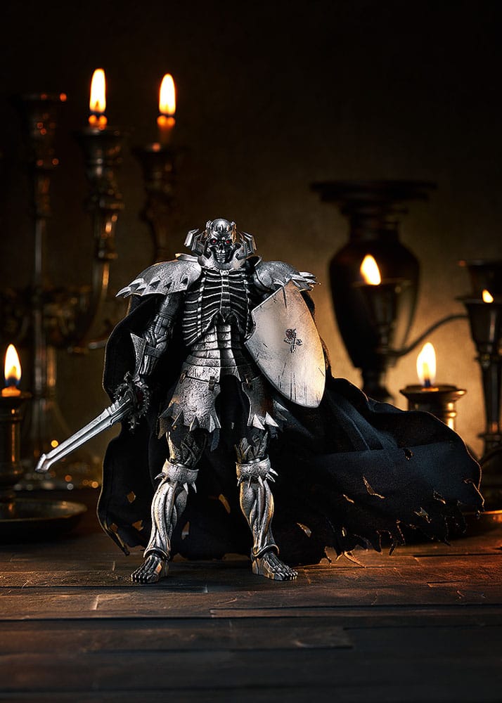 Berserk figma Skull Knight standing in a dark candlelit scene with sword and shield