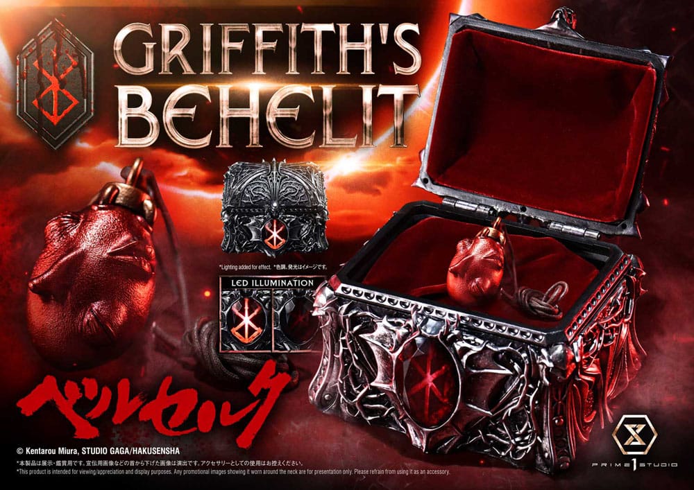 Prime 1 Studio Berserk Griffith's Behelit promotional banner showing the crimson egg and LED chest