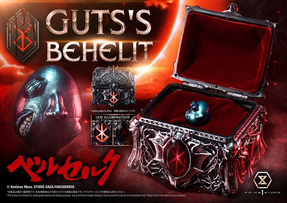 Prime 1 Studio Berserk Guts' Behelit promotional banner showing the blue-green egg and LED chest