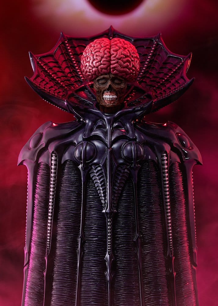 Close-up of Berserk Void figure's exposed brain, skull face and bat-wing collar against a red eclipse