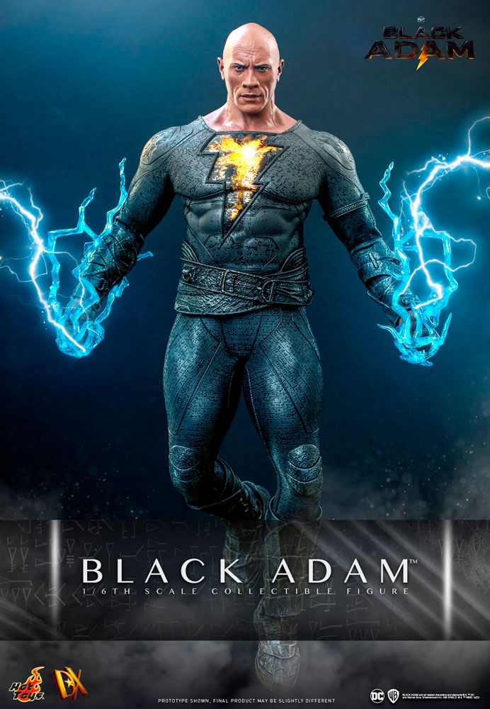 Hot Toys Black Adam 1/6 figure poster shot with glowing lightning emblem and blue lightning hands
