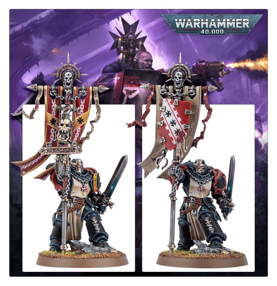 Black Templars Crusade Ancient promo showing two banner builds, one with a red and white chequered flag