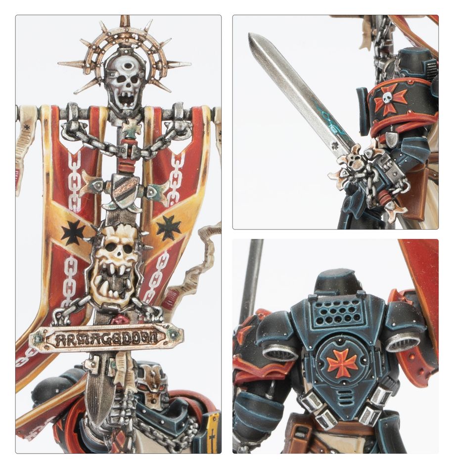 Close-ups of the Crusade Ancient's skull banner top, Armageddon scroll, sword and back armour