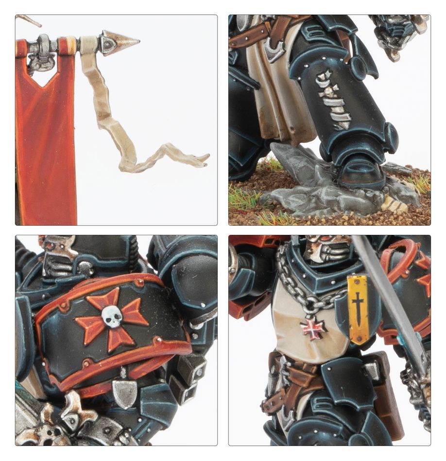 Close-ups of the Crusade Ancient's red pennant, boots on rubble, chest cross and tabard seal