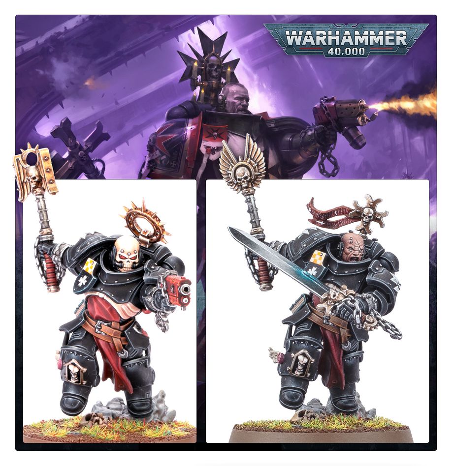 Black Templars Execrator promo panel showing both builds, crozius and bolt pistol or sword