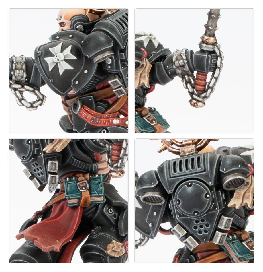 Detail close-ups of the Black Templars Execrator shoulder cross, chains, tabard and backpack