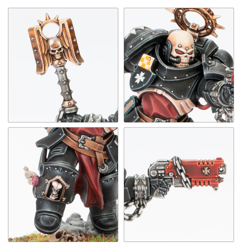 Close-ups of the Black Templars Execrator crozius, skull helm, belt icon and bolt pistol