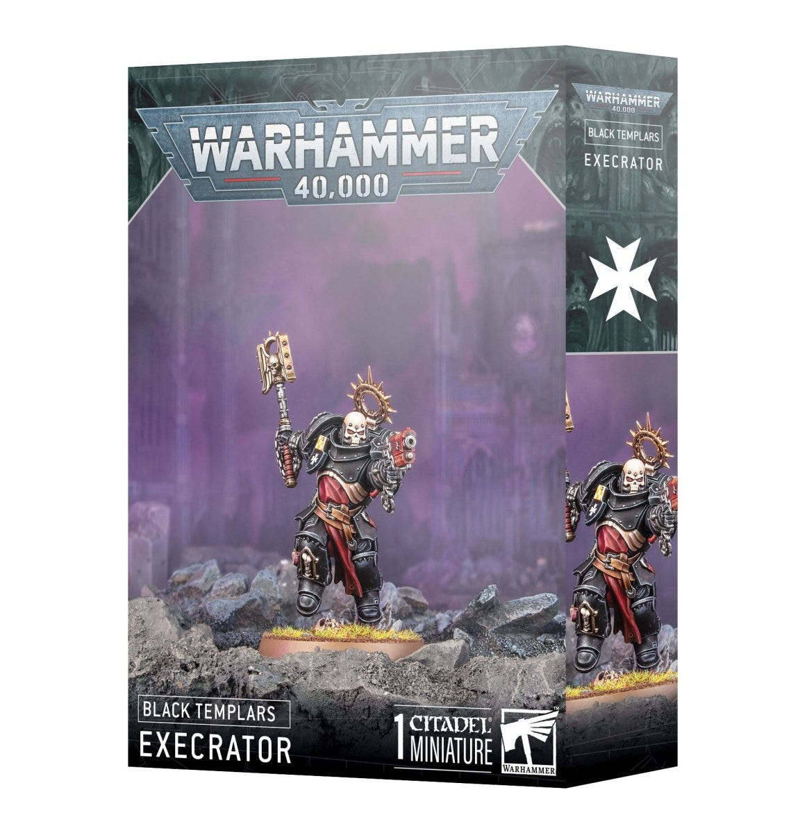 Games Workshop Warhammer 40,000 Black Templars Execrator box front with painted Chaplain