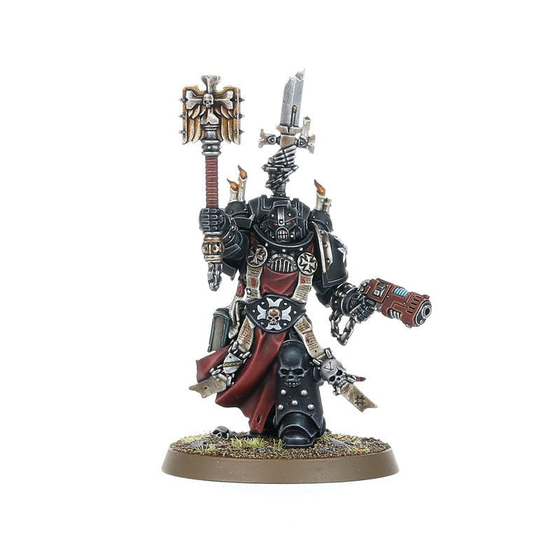 Painted Chaplain Grimaldus in black armour with crozius and plasma pistol