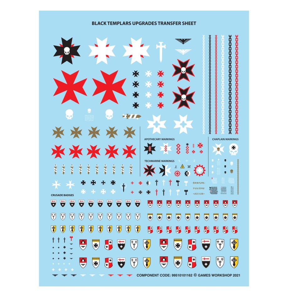 Black Templars Upgrades transfer sheet with crusader crosses, heraldry and squad markings