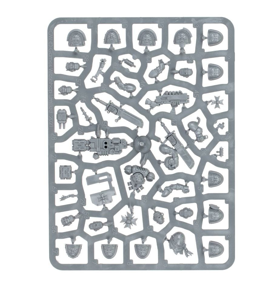 Black Templars Upgrades and Transfers unpainted plastic sprue, frame 1 of 2