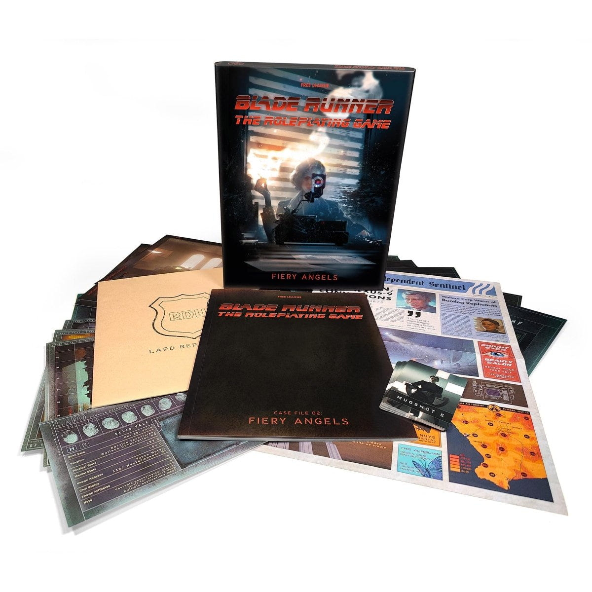Blade Runner RPG Fiery Angels box with case file handouts, maps and documents spread out