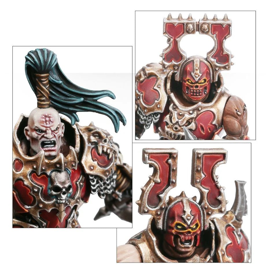 Close-ups of painted Blood Warriors faces and Khorne-rune helmets