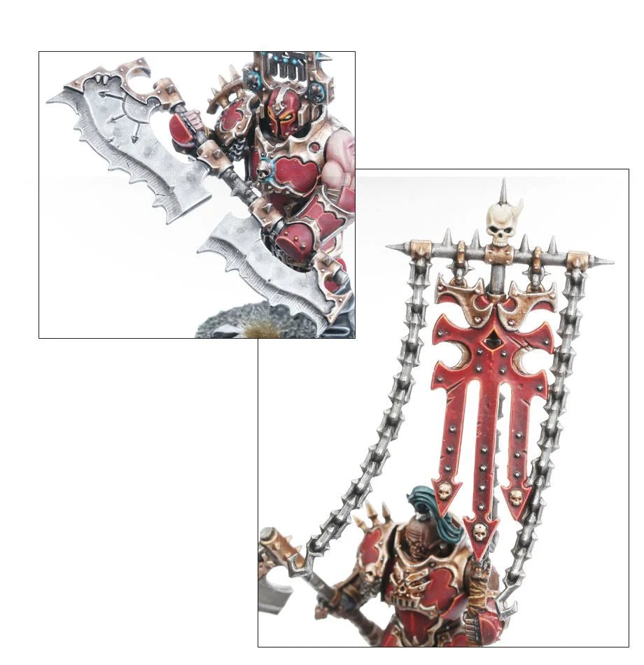 Close-ups of a Blood Warrior's jagged goreglaive and the Khorne icon banner