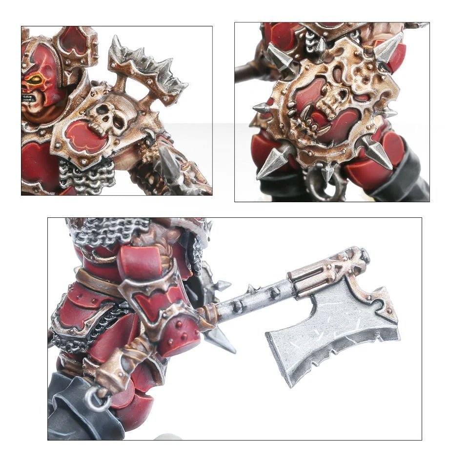 Close-ups of Blood Warriors skull trophies, spiked shoulder armour and goreaxe