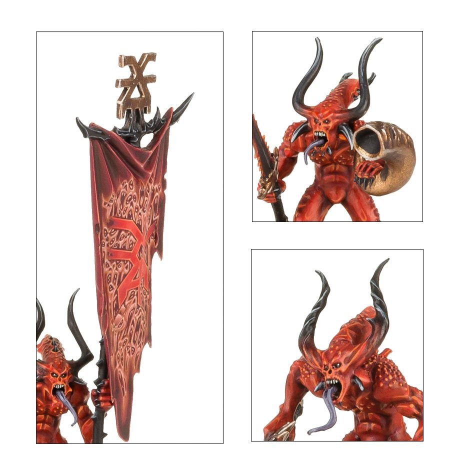 Close-ups of the painted Bloodletters banner of Khorne, horn blower and horned heads