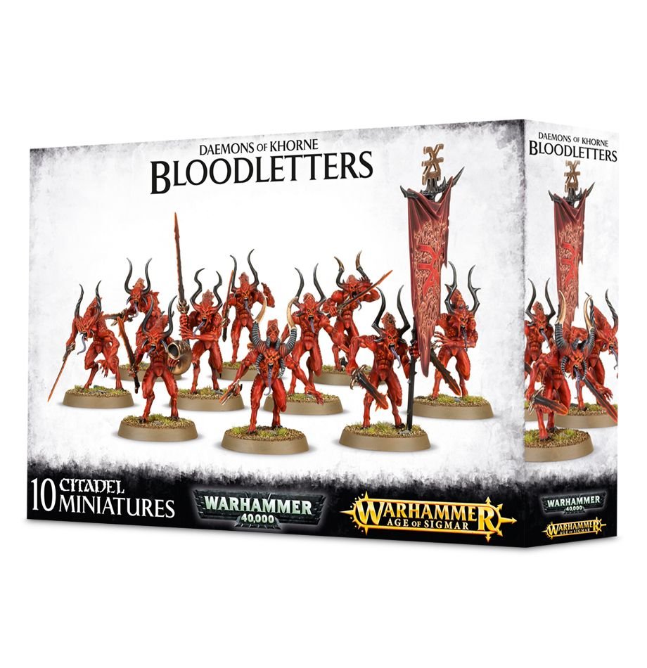 Older Daemons of Khorne Bloodletters box artwork with 10 painted Citadel miniatures