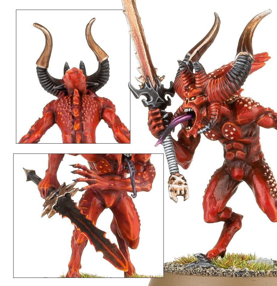 Close-ups of painted Bloodletters: horned head, hellblade and snarling champion