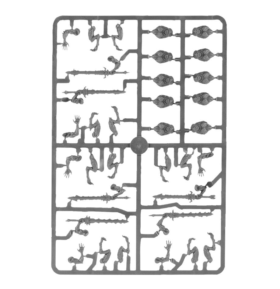 Blades of Khorne Bloodletters unpainted plastic sprue with heads and hellblades, frame 2 of 3